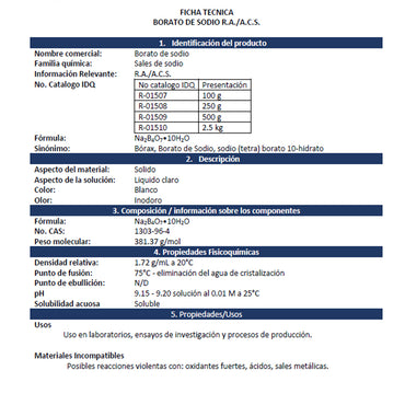 Borax Borato De Sodio R.A./A.C.S. Presentación 500 Grms