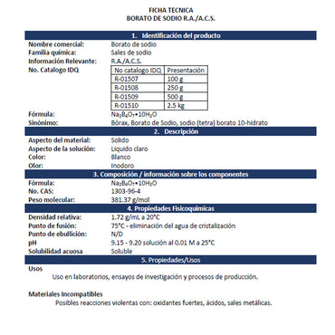 Borax Borato De Sodio R.A./A.C.S. Presentación 1 Kg