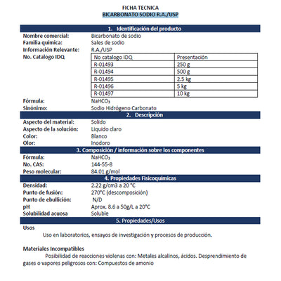 Bicarbonato Sodio R.A./USP Presentación 500 Grms