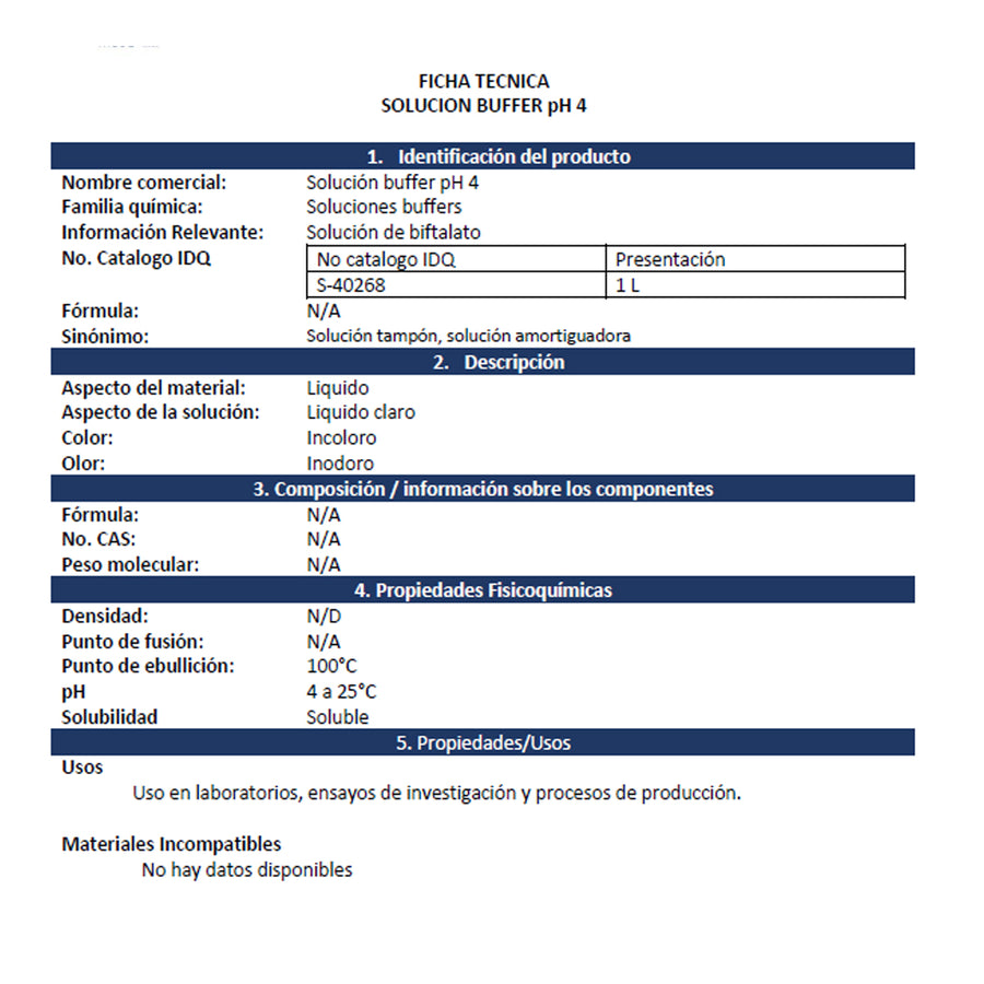Solucion Buffer Ph 4 Biftalato Presentación 1 Lt