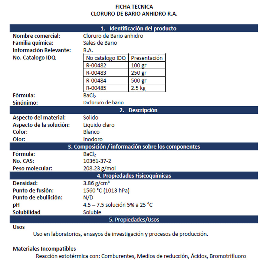 Cloruro De Bario Anhidro R.A. Presentación 500G