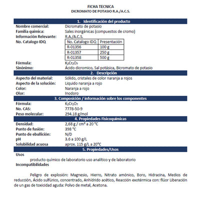 Dicromato De Potasio R.A./A.C.S. Presentación 1 Kg