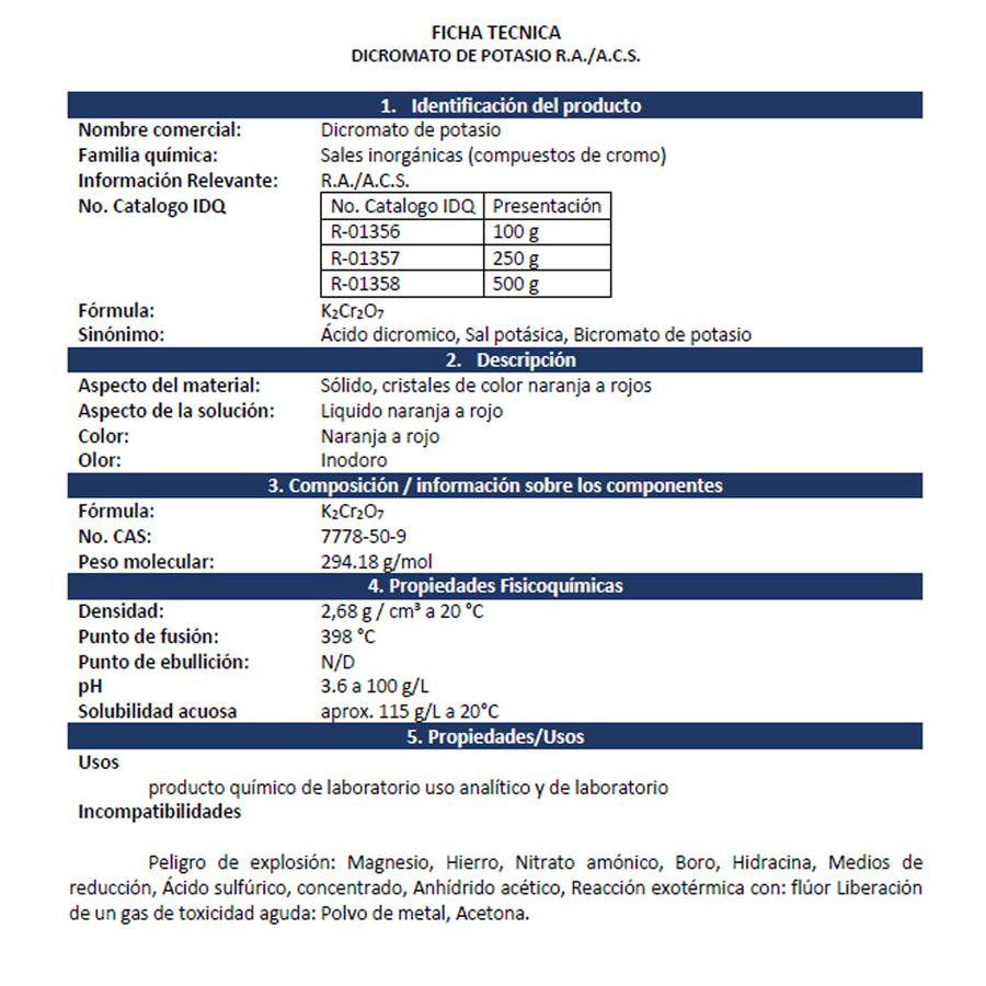 Dicromato De Potasio R.aA/A.C.S. Presentación 500 Gr