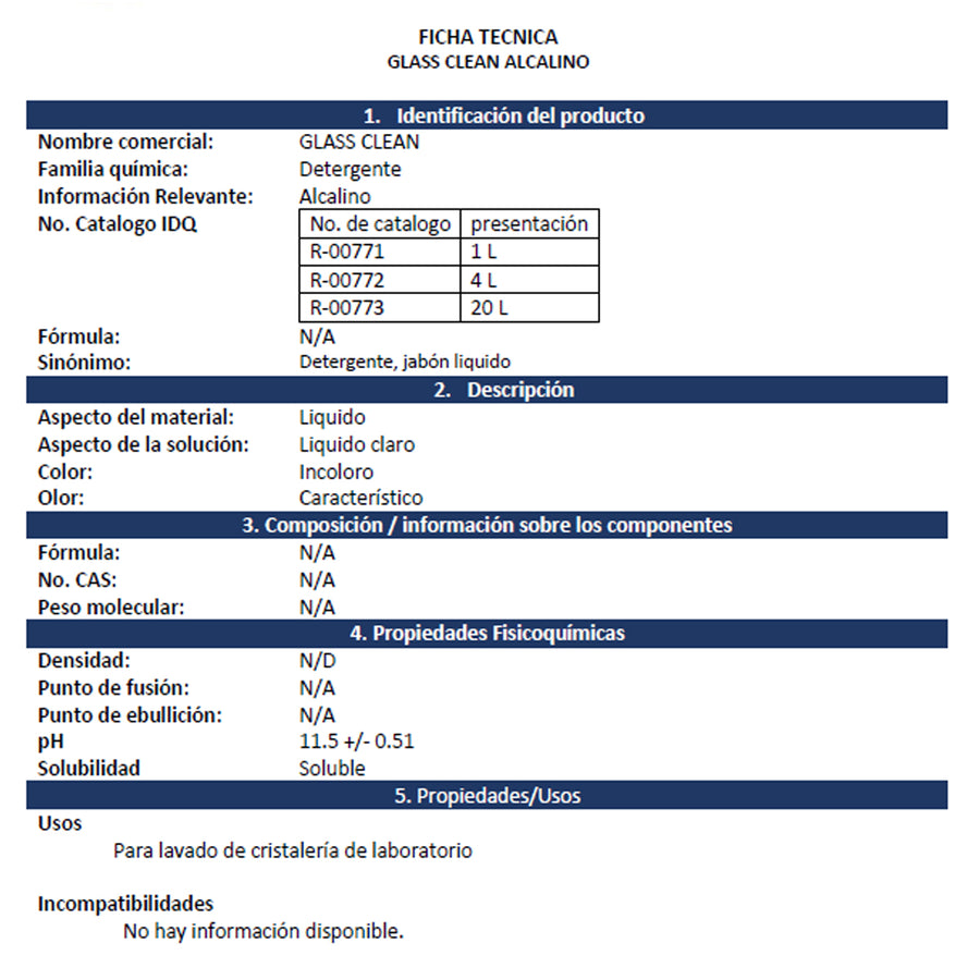 Detergente Alcalino para Cristalería de Laboratorio Glass Clean 1 Lt