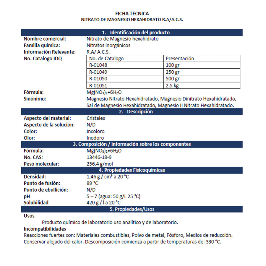 Magnesio Nitrato Hexahidrato R.A. Presentación 1 Kg