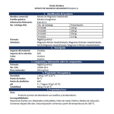 Magnesio Nitrato Hexahidrato R.A. Presentación 500 Gr