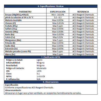 Magnesio Nitrato Hexahidrato R.A. Presentación 1 Kg