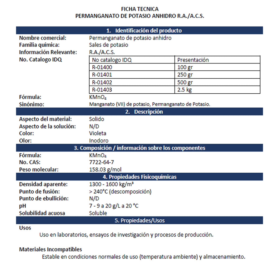 Permanganato Potasio R.A. Presentación 500 Gr