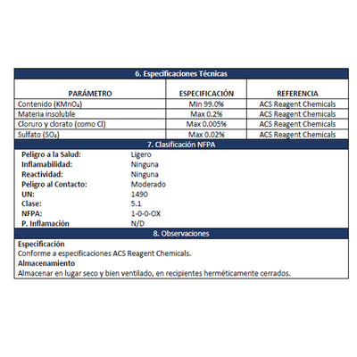 Permanganato Potasio R.A. Presentación 500 Gr