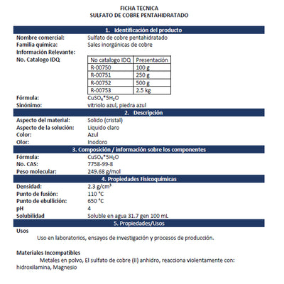 Sulfato De Cobre Pentahidratado Presentacion 500 Grms