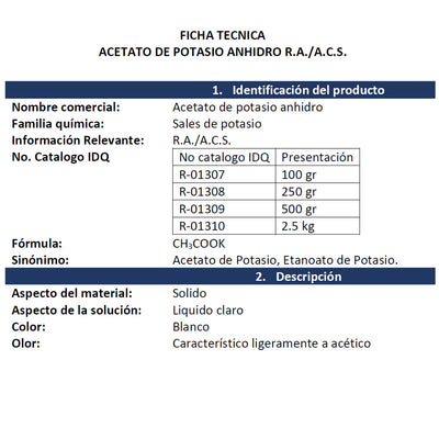 Acetato De Potasio Anhidro R.A. Presentación 500 Grms