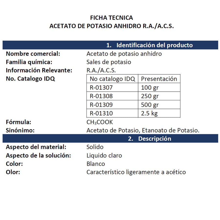 Acetato De Potasio Anhidro R.A. Presentación 1 Kg